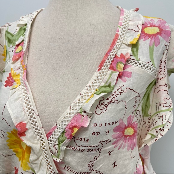 Calypso St. Barth Floral Wrap Ruffle Linen Blend Natural Shirt Size Large - Picture 4 of 11